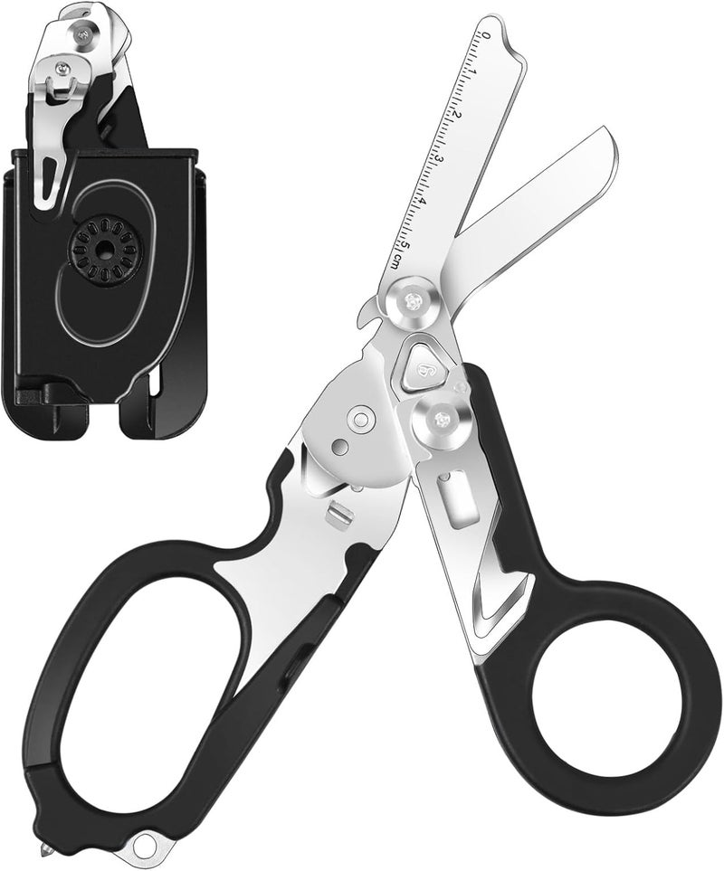 DEKELIY 6 In 1 Multifunctional Trauma Shears, Emergency Response Shears, Stainless Steel Foldable Shears With Holster, Medical Trauma Shears With Strap CutterBlack - Image 1